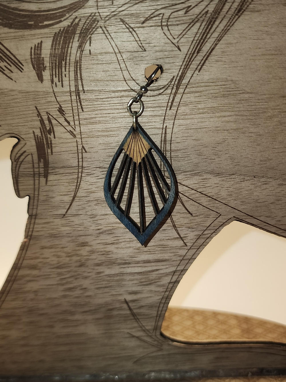 Blue and Natural Wood Teardrop Dangle Earrings — Lightweight Fan Design